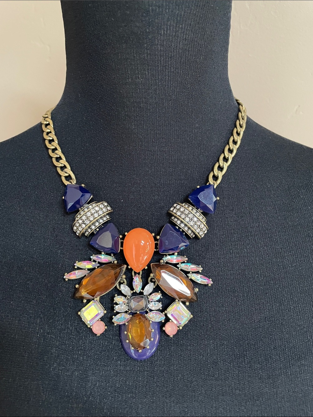J Crew Statement Multicolor Crystal Bib Necklace - Orange & Navy